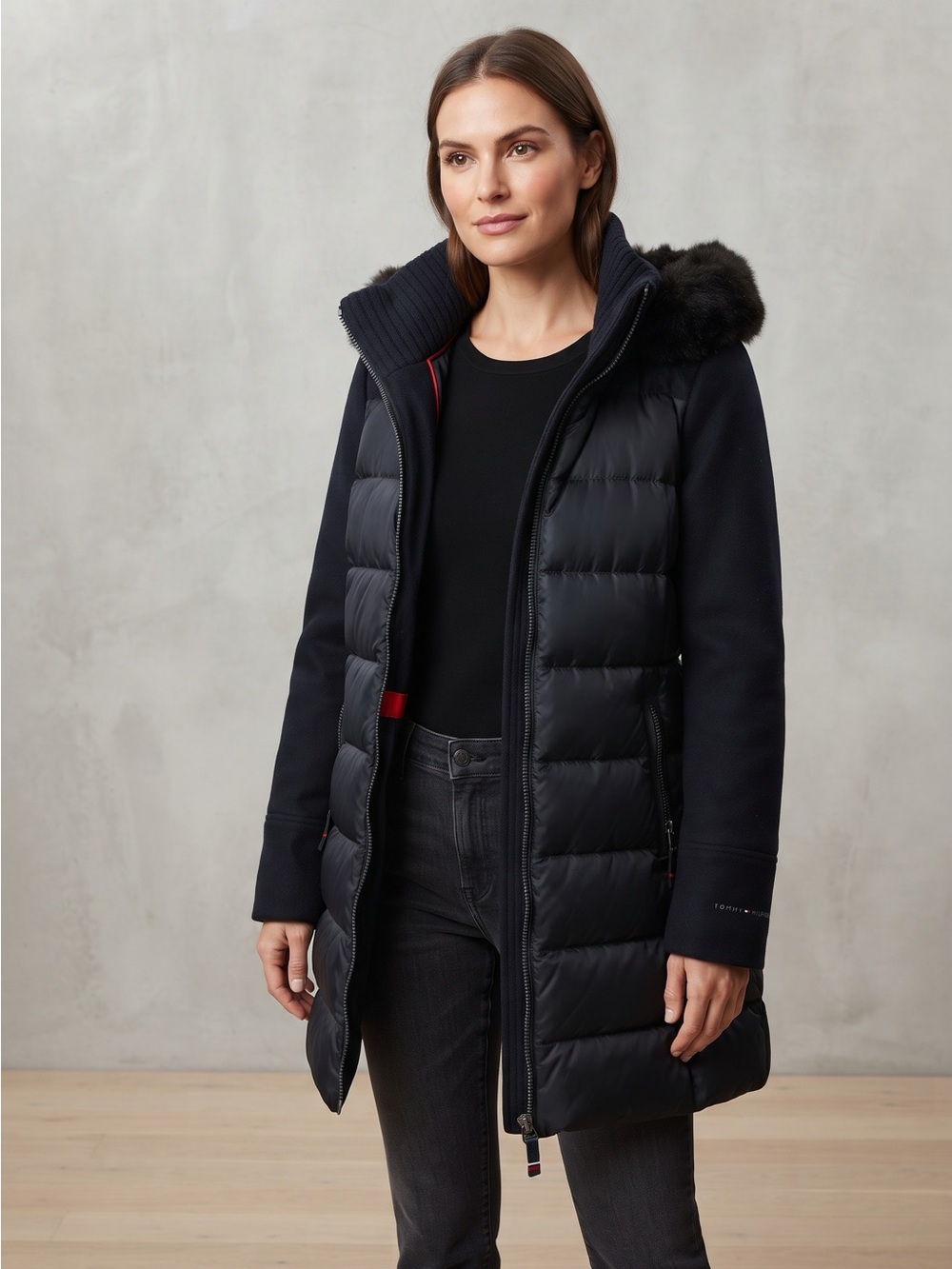 Tommy Hilfiger Black Quilted Puffer Coat with Faux Fur Trim